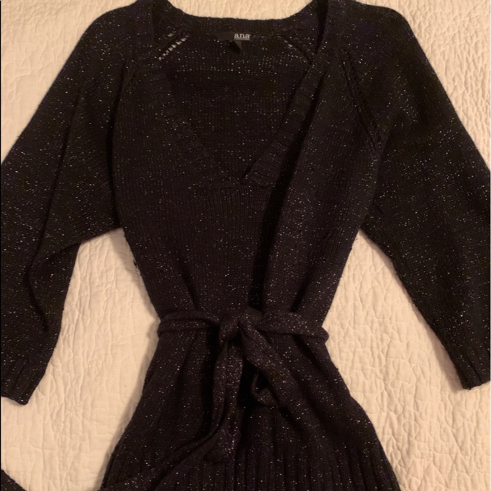 Ana Black Shimmering Belted Sweater. XL Three Quarter Sleeves V-Neck, Beautiful